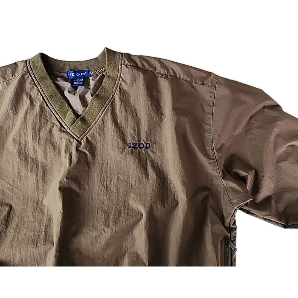 Izod Men's Large V-Neck Pullover Rain Jacket Brown Deep, Zip Pockets Lightweight